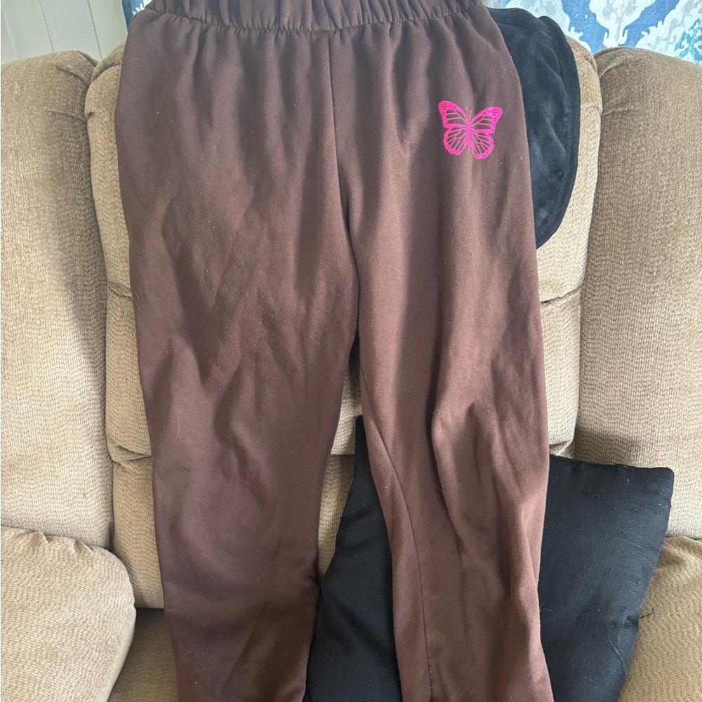 Brown Sweatpants with Pink Butterfly